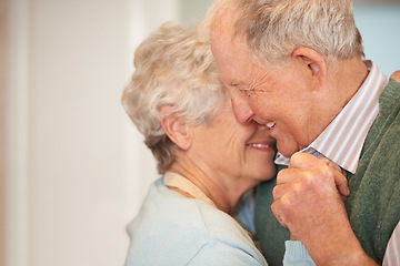 Image showing Senior, couple and happy with dancing in home for bonding, support and holding hands with romance. Elderly, man and woman with hug, embrace and smile for relationship, dancer and affection or love