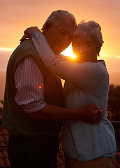 Image showing Sunset, senior couple and portrait outdoor, care and bonding for connection together in nature. Man, woman and embrace for love, romance and hug for commitment in retirement on date with lens flare