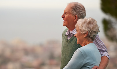 Image showing Love, anniversary and senior couple on balcony of home together with view of nature for romantic getaway. Smile, marriage or bonding with happy elderly man and woman outdoor on holiday or vacation