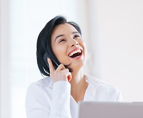 Image showing Woman, business and laughing with laptop, phone call and conversation while working as Administrative Assistant. Female person, employee and cellphone for communication, career and happiness with pc