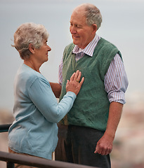 Image showing Love, smile and senior couple on balcony of home together with view of nature for romantic getaway. Marriage, anniversary or bonding with happy elderly man and woman outdoor on holiday or vacation