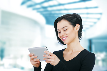 Image showing Business, smile and woman with tablet, office and digital app with creative and PR consultant. Person, copywriter and entrepreneur with technology and social media with startup or website information
