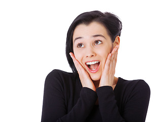 Image showing Happy, shocked and surprise with woman, announcement and person isolated on white studio background. Emoji, model or girl with news or mockup space with facial, wow or omg with deal or giveaway prize