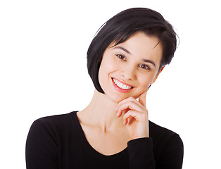 Image showing Portrait, beauty and smile with woman, happiness and person isolated on a white studio background. Face, model and girl with mockup space and casual outfit with stylish clothes and cheerful with joy