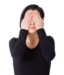 Image showing Woman, covering eyes and secret with fear, anxiety and person isolated on a white studio background. Model, mockup space and girl with hand gesture and scared with horror, stress and panic attack