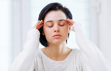 Image showing Face, anxiety or stress and woman in bedroom of home with depression, frustration or mental fatigue. Burnout, headache or insomnia with young person feeling annoyed, moody or unhappy in apartment