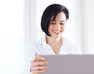 Image showing Business, smile and woman with laptop, office and digital app with creative or PR consultant. Person, copywriter or entrepreneur with computer or online blog with startup, tech or website information