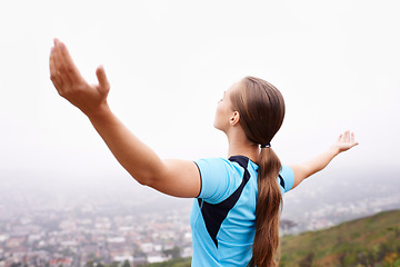 Image showing Fitness, back and woman with freedom, nature and excited with progress and achievement. Person, athlete and girl with celebration or runner with wellness or workout with health, excited or open arms