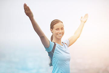 Image showing Portrait, smile and stretching with runner woman outdoor in mountains for morning cardio training. Exercise, health and running with happy young sports athlete getting ready for workout in mist