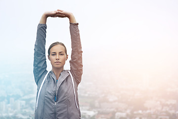 Image showing Portrait, running and stretching with sports woman outdoor in mountains for morning cardio training. Fitness, health and wellness with young runner or athlete getting ready for exercise in mockup