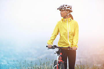 Image showing Thinking, sports and woman with bike in mountains for morning exercise, training or off road hobby. Cycling, fitness and idea with confident young athlete in countryside or nature for workout ride