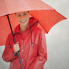 Image showing Woman, portrait and umbrella for protection, outdoor nature and cover from rain in weather. Female person, insurance and safety or security from storm, winter and travel to Scotland for holiday