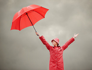 Image showing Woman, overcast and umbrella for security, outdoor nature and protection from rain in weather. Female person, insurance and safety or shield from storm, winter and travel for holiday or vacation