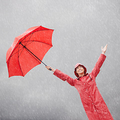 Image showing Woman, rainfall and umbrella for protection, outdoor nature and security from rain in weather. Female person, insurance and safety or shield from storm, winter and travel for holiday or vacation