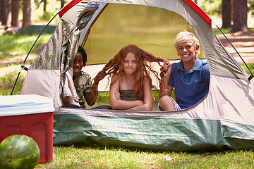 Image showing Portrait, funny and children in tent for camp on vacation, adventure or holiday with fun. Smile, travel and young boy kids pull hair of girl for joke in outdoor field, forest or woods on weekend trip