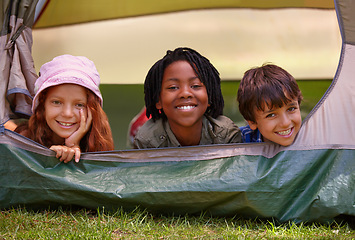 Image showing Portrait, happy and children in tent for camp on vacation, adventure or holiday with fun. Smile, travel and young kids bonding together in outdoor field, forest or woods on summer weekend trip.