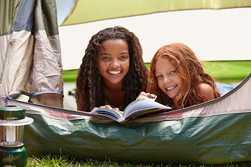 Image showing Reading, smile and children in tent on camp with a book for literature entertainment together. Happy, friends and portrait of girl kids enjoying a novel or story for knowledge on holiday or vacation.