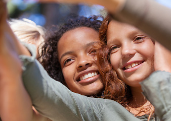 Image showing Happy, face and children in selfie outdoor with memory of friends together on vacation. Girls, smile and children capture photography on holiday, adventure or casual moment outdoor in summer