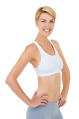 Image showing Woman, portrait and exercise with smile for workout, happy in sportswear for health and wellness on white background. Training, sports and athlete ready for gym and physical activity with fitness