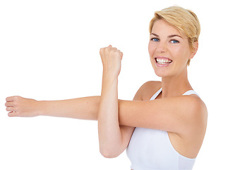 Image showing Woman, portrait and stretching for workout and fitness with health, wellness and warm up body on white background. Happy athlete start training, sport and ready for exercise in studio with muscle