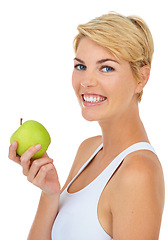 Image showing Woman, portrait and health apple in studio for fitness, wellness or diet by white background, mockup or backdrop. Model, dietician and nutritionist with fruit for breakfast food, vitamins or detox