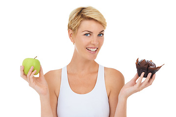 Image showing Female person, fitness and health for food option, nutrition and decision by studio for lifestyle. Woman, athlete and portrait for diet, workout and white background with apple and cake choice