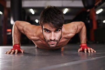 Image showing Man, portrait and push up or fitness in gym, athlete and topless for exercise and workout. Male person, body builder and performance for challenge or practice, training and serious for competition