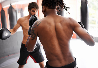 Image showing Men, kickboxing and ready for fight in gym, fitness and topless for exercise and workout. People, bodybuilders and performance for challenge or practice, train and serious for competition in sports