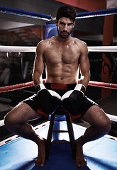 Image showing Man, portrait and boxer ready in ring for performance challenge, fight and match or competition. Male person, gloves and shirtless in arena for training, fitness and athlete for sitting in chair