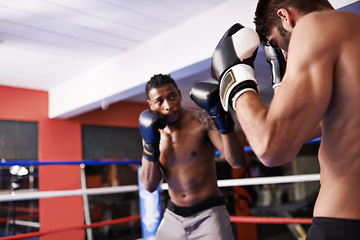 Image showing Men, boxing ring and gloves for fight competition in gym for challenge practice as opponents for workout, exercise or winner. Male people, punch and athlete progress for battle, performance or cardio