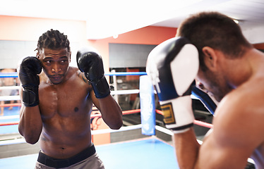 Image showing Men, boxing ring and fight defence competition for professional athlete for endurance, performance or exercise. Male people, gloves and combat champion for training practice, fitness or challenge