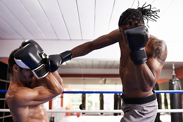 Image showing Men, kickboxing and punch for fight in ring, fitness and topless for exercise and workout. People, bodybuilders and performance for challenge or practice, train and combat for competition in sports