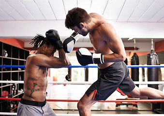 Image showing Men, kickboxing and jumping for match in ring, fitness and topless for exercise and workout. People, bodybuilders and performance for challenge or practice, train and combat for competition in sports