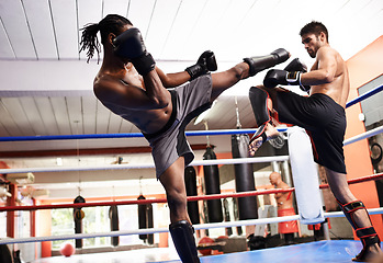 Image showing Men, kickboxing and performance for fight in ring, fitness and topless for exercise and workout. People, action and practice for challenge or match, training and combat for competition in sports