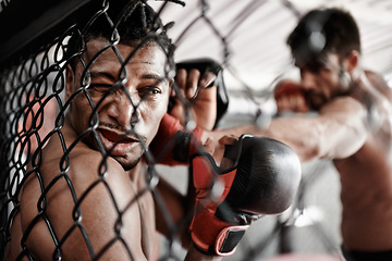 Image showing Face, hit and men in cage for fight, kickboxing competition and challenge in fitness with sports in gym. Boxing match, strong fighter and knockout with exercise, practice and power in battle together