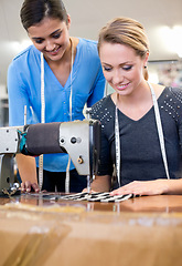 Image showing Designers, collaboration and sewing for planning on fashion, coworkers and tailor on fabric. Women, teamwork and support on textile in clothing business, manufacturing and partnership on style
