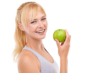 Image showing Studio, portrait and woman with apple for health, vegan and nutrition benefits for wellness. Fruit, face and happy female person with food for vitamin c, detox and clean gut on white background