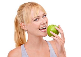 Image showing Vitamin c, apple and portrait of woman in studio for wellness, nutrition and health benefits. Female person, face and happy with fruit for vegan, diet and detox for clean gut on white background