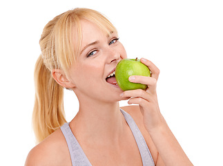 Image showing Studio, portrait and happy woman with apple for gut health, diet and nutrition benefits on white background. Food, face and female person eating fruit with vitamin c, vegan and detox for wellness