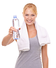 Image showing Fitness, happy and portrait of woman with water in studio for health, wellness and body workout or training. Smile, sports and female athlete with hydration drink for exercise by white background.