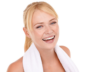 Image showing Studio, portrait and woman with towel for sport, training and exercise for fitness on white background. Female person, smile and happiness with sweat cloth for workout, performance and wellness