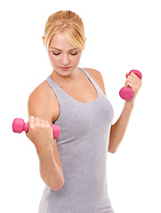 Image showing Fitness, weights and woman athlete in studio for health, wellness and body workout or training. Energy, sport and young female person with dumbbell equipment for exercise isolated by white background