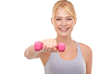 Image showing Fitness, weights and portrait of woman in studio for health, wellness and body workout or training. Energy, sport and young female athlete with dumbbell equipment for exercise by white background.