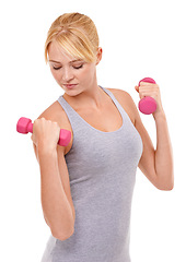 Image showing Sport, weights and woman athlete in studio for health, wellness and body workout or training. Energy, fitness and young female person with dumbbell equipment for exercise isolated by white background