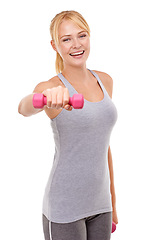 Image showing Sports, portrait and woman with dumbbell weight in studio for health, wellness and body workout or training. Strength, fitness and young female athlete with arm exercise isolated by white background.