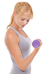 Image showing Fitness, strength and woman with dumbbell weight in studio for health, wellness and body workout or training. Energy, sports and young female athlete with arm exercise isolated by white background.