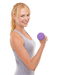 Image showing Fitness, happy and woman with dumbbell weight in studio for health, wellness and body workout or training. Strength, sports and young female athlete with arm exercise isolated by white background.