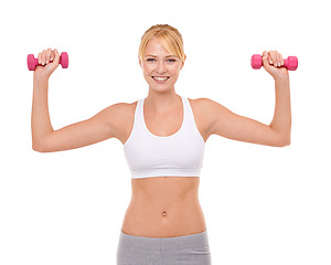 Image showing Woman, portrait and weightlifting or dumbbell exercise or training arm workout on white background, mockup space or studio. Female person, equipment and Canada gym or performance, wellness or muscle