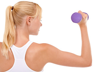 Image showing Woman, weightlifting and dumbbell exercise or training arm workout on white background, mockup space or studio. Female person, equipment and gym in Canada or performance back view, wellness or muscle