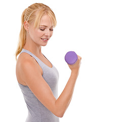 Image showing Sports, strength and woman with dumbbell weight in studio for health, wellness and body workout or training. Energy, fitness and young female athlete with arm exercise by white background with mockup